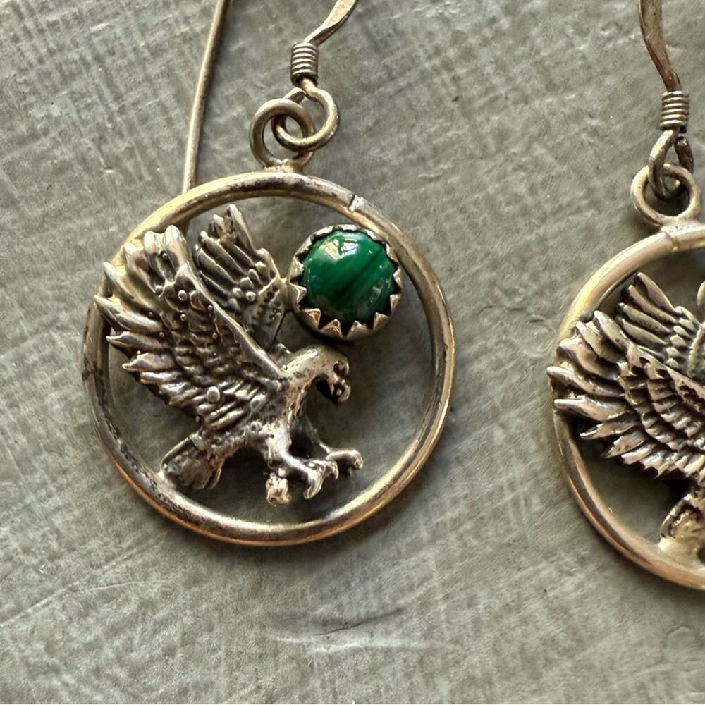 925 Sterling Silver Malachite Eagle Earrings - Picture 3 of 7